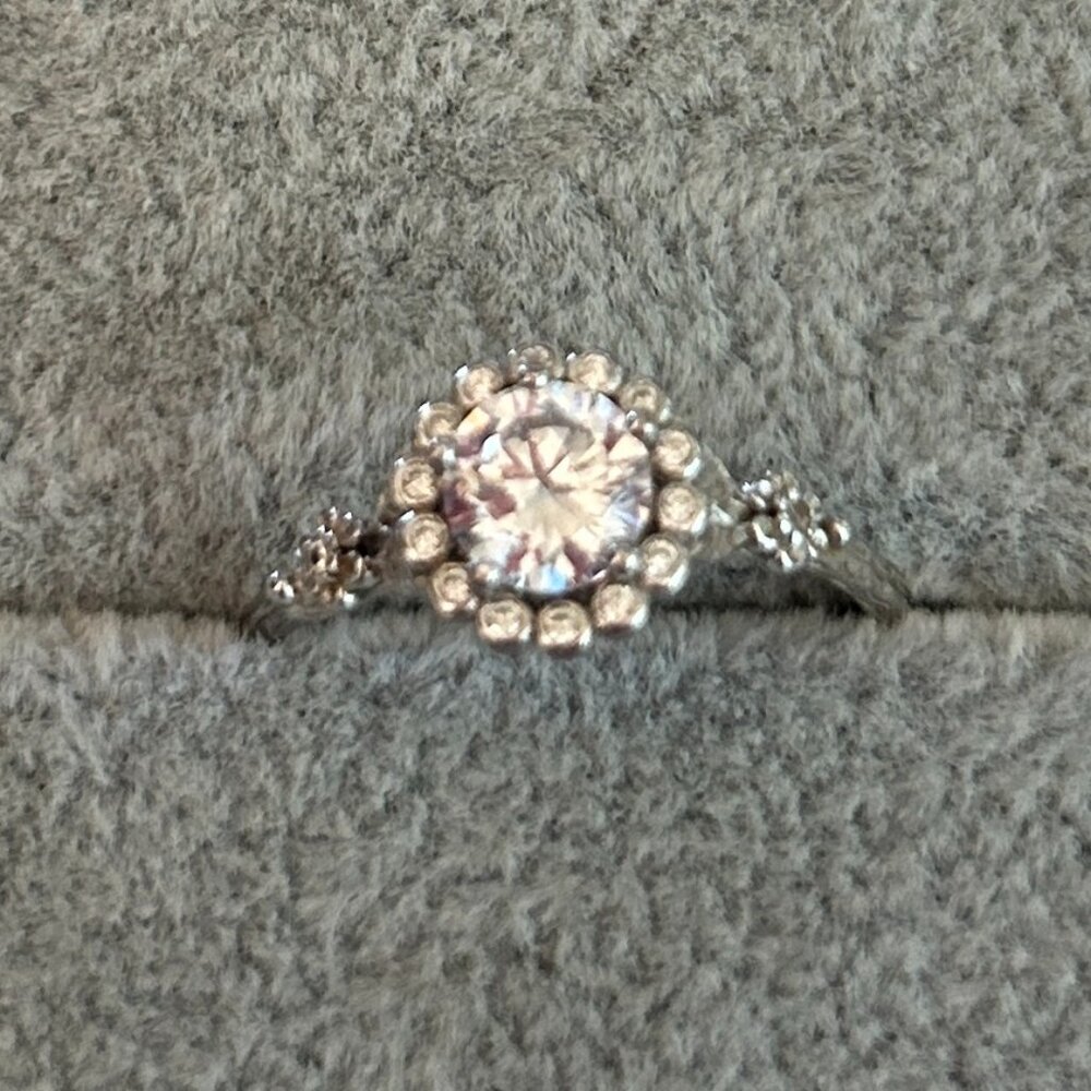 Diamonique Round Solitaire Ring with Halo Sterling Silver Size 10